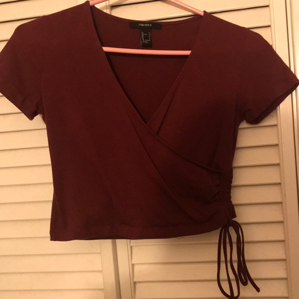Mock wrap crop top drawstring side